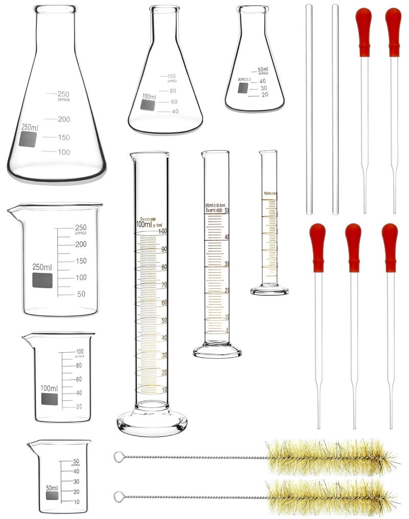 QWORK طقم زجاج مختبر، زجاج بوروسيليكات عالي الجودة، طقم بيكر، قنينة، أسطوانة، مقاوم للحرارة، مثالي للمختبرات وتجارب العلوم المدرسية - Image 2